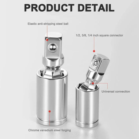 Two-piece chrome universal joint socket adapters with square drives; fits 1/2, 3/8, 1/4 inch; forged chrome-vanadium steel.