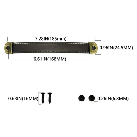 Leather Suitcase Luggage Pull Handles 2 Piece Set with screws, black brown finish, dimensions and installation guide shown.