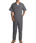 Men's Short Sleeve Coveralls Lightweight Breathable Mechanic Work Jumpsuit Summer in gray with utility pockets.