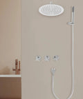 Wall Mounted Shower System 10 Inch Rainfall Shower with Handheld Spray on a beige wall, featuring chrome controls and a sleek design.