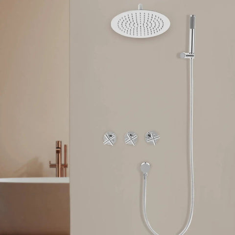 Wall Mounted Shower System 10 Inch Rainfall Shower with Handheld Spray on a beige wall, featuring chrome controls and a sleek design.