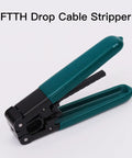 Side view of teal-handled fiber optic cable stripper tool with black metal head.