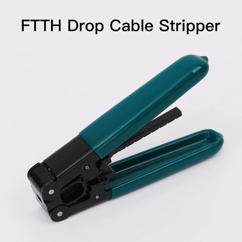 Side view of teal-handled fiber optic cable stripper tool with black metal head.