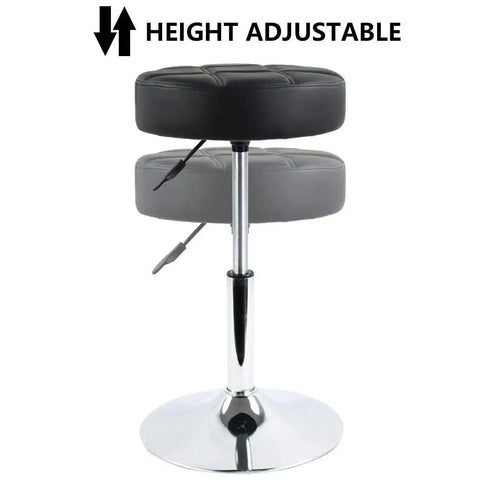 Height Adjustable Padded Shop Stool With 360 Degree Swivel, Black PU Leather Seat, Showing Height Adjustability Feature