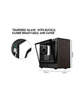Dope Walnut Wood Front Panel Micro ATX ITX Gaming PC Case With Tempered Glass Side Panel And Front Walnut Finish USB 3 0 Type C Front IO Four PWM Fans Pre Installed Mid Tower Cooling Ready side view with dimensions