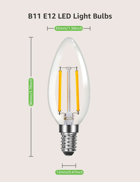 60W Equivalent Dimmable LED Filament Bulbs E12 Candelabra For Ceiling Fans And Chandeliers, dimensions and Type B base shown