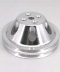 Heavy Duty Aluminum Double Groove Water Pump Pulley For Small Block Chevy 265 283 305 327 350 383 400 With Short Pump, polished silver finish.
