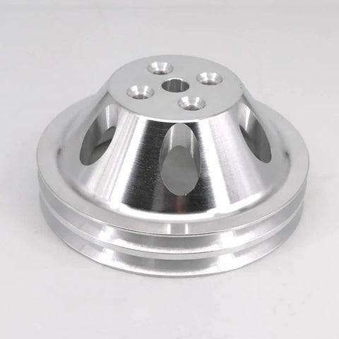 Heavy Duty Aluminum Double Groove Water Pump Pulley For Small Block Chevy 265 283 305 327 350 383 400 With Short Pump, polished silver finish.