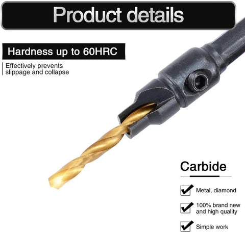Close-up of a carbide drill bit from the Five Piece Countersink Drill Bit Set For US Wood Screws showing hex shank and gold bit