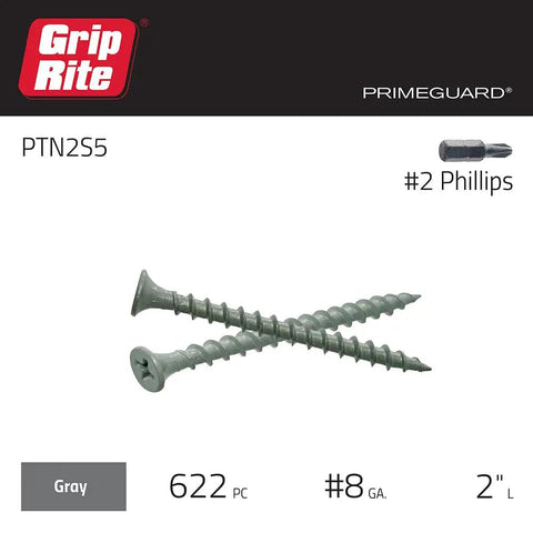 Polymer Coated Size 8 Deck Screw With Coarse Threads And Bugle Head Gray 5 Lb Box Pro Grade Primeguard 10 outdoor rated.