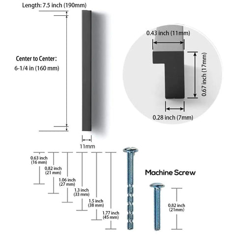 12 Pack Black Aluminum Cabinet Handles Six And A Quarter Inch Center To Center 160mm Tilted Solid Drawer Pulls image with dimensions and screws
