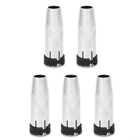 5 Pack Gas Nozzle Replacement Parts For MIG Welding Torch High Temp Resistant Conical Nozzle shown in silver metal.