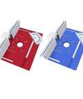 Heavy Duty Aluminum Router Table Insert Plate With Precision Miter Gauge And Butter Smooth Glide Track For Knockout Woodworking Cuts And Pro Level Routing Projects In Classic Blue, featuring red and blue plates.
