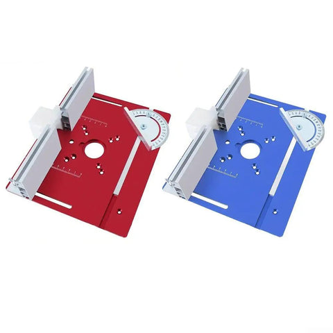 Heavy Duty Aluminum Router Table Insert Plate With Precision Miter Gauge And Butter Smooth Glide Track For Knockout Woodworking Cuts And Pro Level Routing Projects In Classic Blue, featuring red and blue plates.