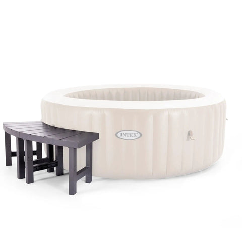 Two Pack PureSpa Accessory Benches For Four Person Spas next to inflatable spa tub, ideal for seating and storage.