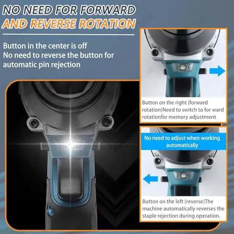 26V Cordless Rivet Gun Kit With Brushless Motor And Built In LED Light Portable M3 To M12 Rivet Nut Installer showing button functions and automatic pin rejection.
