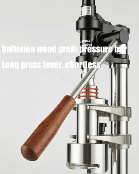 Manual Leverage Espresso Coffee Maker With 16 Bar Hand Pressure Pump showing stainless steel build and wooden handle.