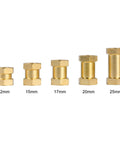 Array of brass hub extensions in sizes 12mm-25mm for 1/10 scale crawlers, including 15mm Beefed Up Brass RC Hex Hub Extension For 12mm Wheels, 1/10 Scale Crawler Hex Drive Adapter For Axial SCX10 D90 90046, 15mm Spacer, Boosts Stability, Lowers Center Of Gravity, Smoother Handling.