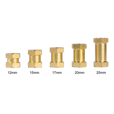 Array of brass hub extensions in sizes 12mm-25mm for 1/10 scale crawlers, including 15mm Beefed Up Brass RC Hex Hub Extension For 12mm Wheels, 1/10 Scale Crawler Hex Drive Adapter For Axial SCX10 D90 90046, 15mm Spacer, Boosts Stability, Lowers Center Of Gravity, Smoother Handling.