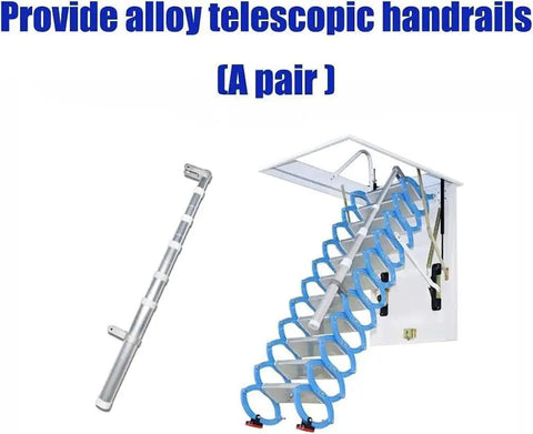 Motorized Electric Attic Ladder With Remote Control Pull Down Stairs, Heavy Duty Carbon Steel Folding Loft Access, No Sweat Setup That Is Super Convenient For Seniors And Fast Home Fixes, 70X120CM with alloy telescopic handrails shown.