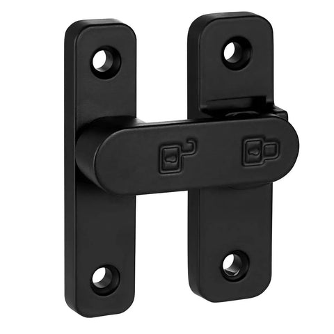 Sturdy Black Zinc Alloy Barn Door Latch With 180 Degree Slide Lock For Wood Doors, black finish, shows locking mechanism detail.