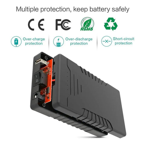 Beefy Dual Output 12V And 5V Portable Li-Ion Battery Pack With 66.6Wh showing multiple safety protections and certification logos.