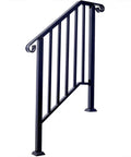 Badass Wrought Iron Handrail for 3 Step Outdoor Stairs Rustproof Heavy Duty Metal Safety Railing for Concrete Steps Porch Garden Commercial Grind Easy Mount, black metal design, angled view