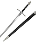 One Hand Medieval Sword Prop With High Carbon Steel Blade 41.25 Inch alongside black scabbard, LARP ready, metal pommel and guard.