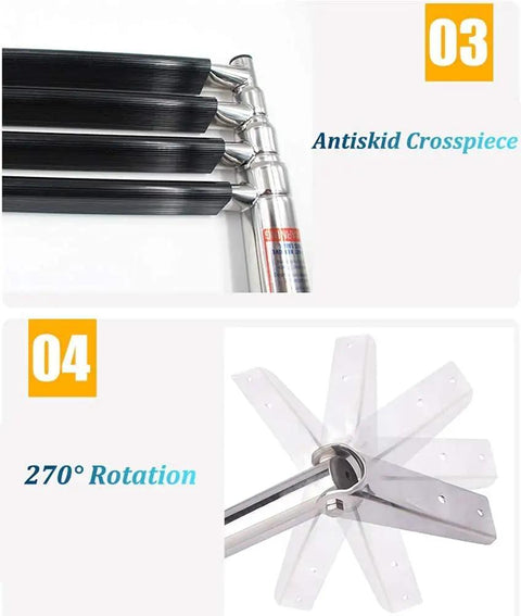 3 Step Stainless Steel Telescoping Boat Ladder For Dock And Pontoon Foldable Rear Entry Yacht Pool Ladder highlighting antiskid crosspiece and 270-degree rotation.