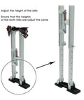 Adjustable Drywall Stilts 18 To 30 Inches Aluminum Walking Stilt with anti-slip rubber soles and metal buckles in adjustable position.