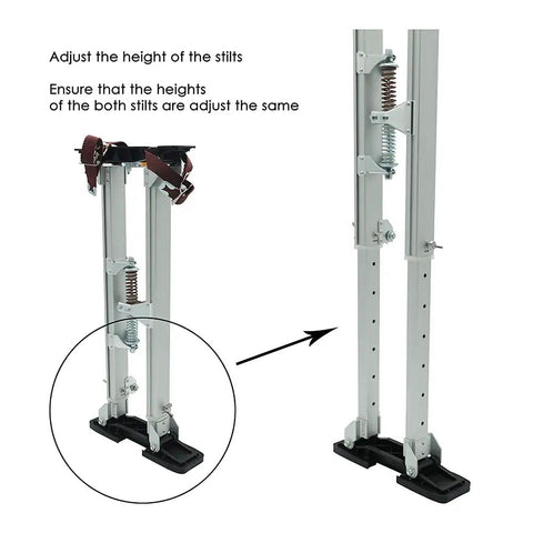 Adjustable Drywall Stilts 18 To 30 Inches Aluminum Walking Stilt with anti-slip rubber soles and metal buckles in adjustable position.