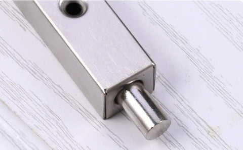 Close-up of Two Pack Concealed Slide Door Lock and Eight Inch Flush Bolt Guard, stainless steel, rust resistant, for French doors.