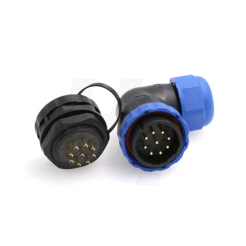 9 Pin Outdoor Waterproof Circular Electrical Connector Set With Threaded Angled Plug And Panel Socket For Industrial Power, Rugged And Reliable, Weatherproof, Male And Female, 12-15mm Cable, 14AWG black blue connector set with cap
