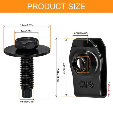 All In One M6 U Clip Automotive Kit With Speed Nuts And Screw Clips For Engine Splash Shield And Fender Liner Car Accessories Heavy Duty Carbon Steel Hardware product size chart, M6 black carbon steel clip and screw dimensions