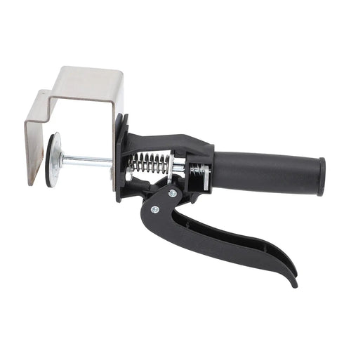 No Sweat Quick Release Drawer Installation Jig With Heavy Duty Press Clamp and Non Slip Grip Pads for Perfect Cabinet Alignment, side view showing clamp details.