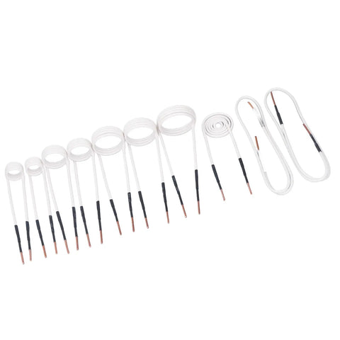 Heavy Duty Induction Heater Coil Kit 10 Piece Brass Core Bundle shown with various loop sizes for heating rusty bolts and nuts.
