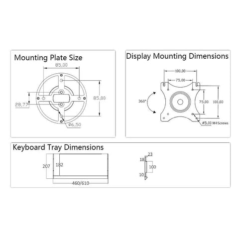 Premium Silver Single Arm Monitor Mount Featuring Smooth Pneumatic Height Lock Integrated Keyboard Tray Supporting 15 To 32 Inch Screens Boss Desk Glow Up dimensions diagram.
