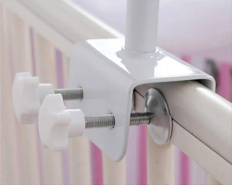 Hassle Free Universal Crib Canopy Holder Adjustable Metal Clamping Stand Bracket Clip On Design For Baby Mosquito Nets detail of white clamp