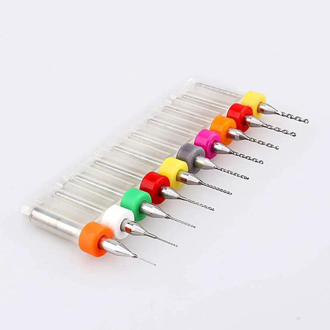 10 Piece PCB Mini Drill Bits Set Tungsten Carbide Spiral Flute Twist Drill Bits neatly arranged in plastic holder