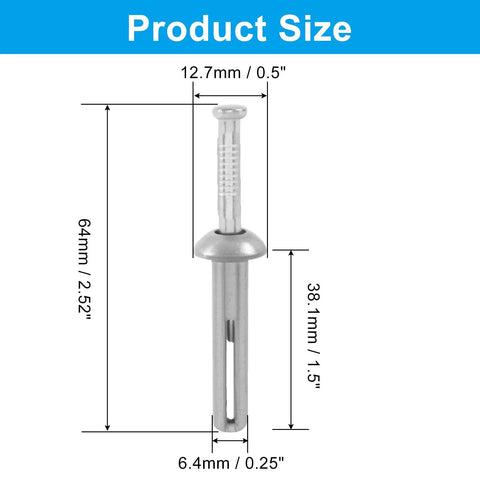 Product size diagram of Zinc Alloy Hammer Drive Anchors Quarter Inch By One And A Half Inch Rust Proof Integrated Design For Easy Installation 50 Per Box Ideal For Concrete And Brick Wall Fixing On Indoor And Outdoor Projects.