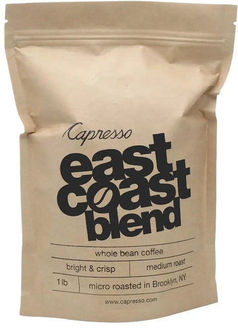 Capresso East Coast Blend whole bean coffee bag, medium roast, 1 lb, bright and crisp, micro roasted in Brooklyn, NY