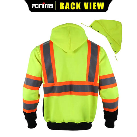 Back view of Hi Vis Safety Fleece Zip Hoodie for Men With Reflective Trim ANSI Class 3 Workwear Detachable Hood Yellow XL 280gsm