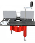 Dead Nuts Precision Manual Router Lift System And Heavy Duty Aluminum Table Insert Plate for Universal Hand Router Motors with 1.85 Inch Stroke Solid Shop Gear Black Set top view showing adjustable features and metal components.