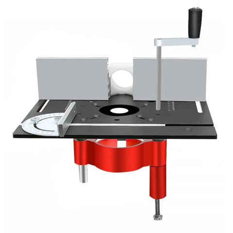 Dead Nuts Precision Manual Router Lift System And Heavy Duty Aluminum Table Insert Plate for Universal Hand Router Motors with 1.85 Inch Stroke Solid Shop Gear Black Set top view showing adjustable features and metal components.