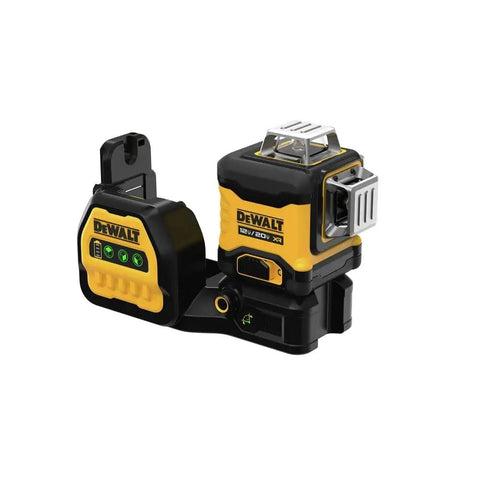 3 X 360 Degree Laser Level Kit With Fine Adjustment, 20V/12V MAX Power, Green Beam, Class II, 10 Hour Run Time On 20V Max Battery, Bright Yellow Case For Precise Plumb And Level Lines In DIY And Pro Projects., DEWALT 12V/20V XR laser level with battery pack and bracket