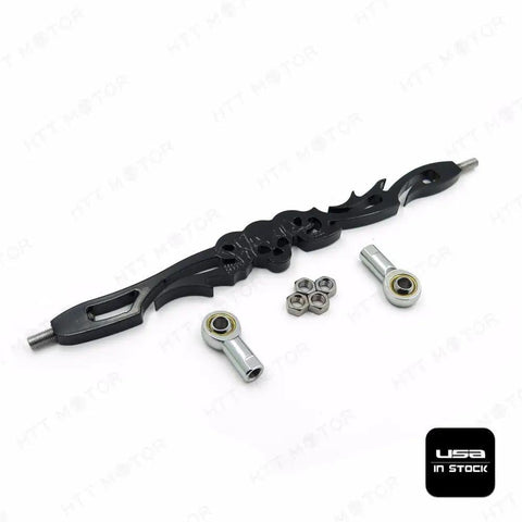 Badass Black Skull Shift Linkage For Harley Softail Models 6061 Billet Aluminum 12 Inch Length Extends To Sixteen Point Five Inches Center To Center Mounts Three Inches Longer Than OEM Durable Fit For Dyna Glide Flht Flhr Fxdwg. black skull shift linkage with rod ends and hardware