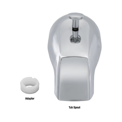 Replacement Tub Spout With Diverter Chrome 5 Inch For 1/2 Inch Or 3/4 Inch IPS Connections, Rear Pull Up Diverter visible