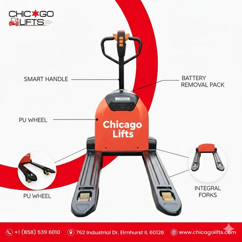 Top Rated 48 Inch By 27 Inch Full Electric Pallet Jack With Lithium Ion Battery 3300 Lb Capacity 24 Volt 30 Ah, featuring smart handle and PU wheels.