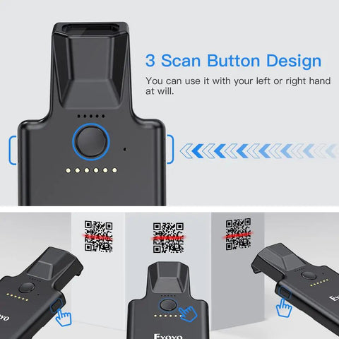 Upgraded Bluetooth Barcode Scanner with Back Clip for iPhone and Android showing 3 scan button design