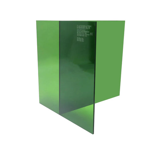 Top Shelf 12 X 12 X 0.2 Inch Laser Safety Window Panel built tough for Heavy Duty Fiber Lasers showing green tinted optical glass.